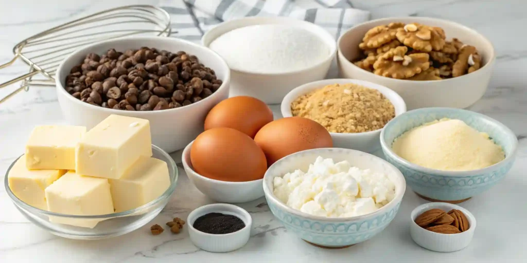 Assorted ingredients for chocolate chip cookies including butter, eggs, chocolate chips, and sugar.