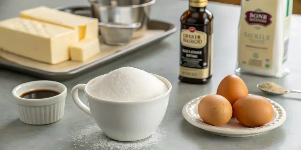 Ingredients for making a Simple White Cake with sugar and baking essentials