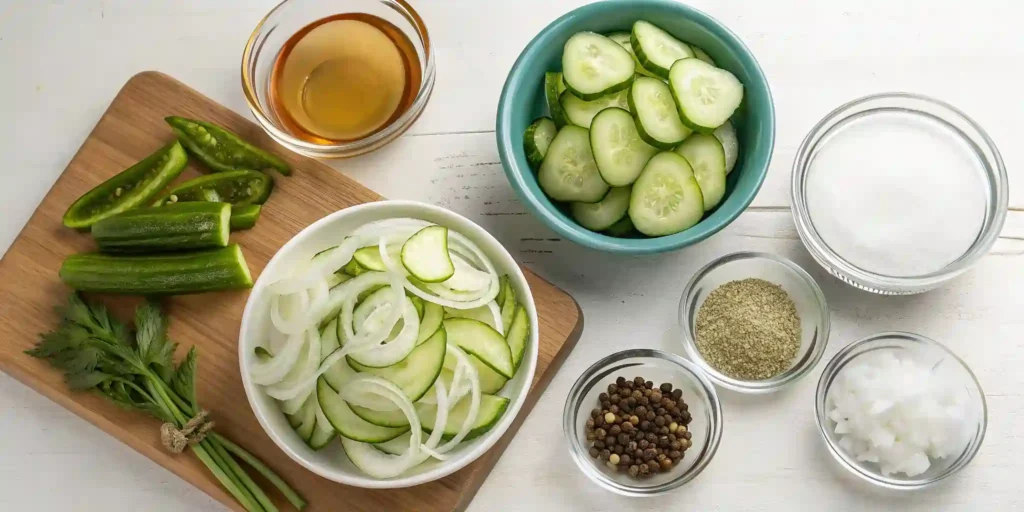 Ingredients for Grandma's Cucumber and Onion Salad including cucumbers, onions, vinegar, and spices.