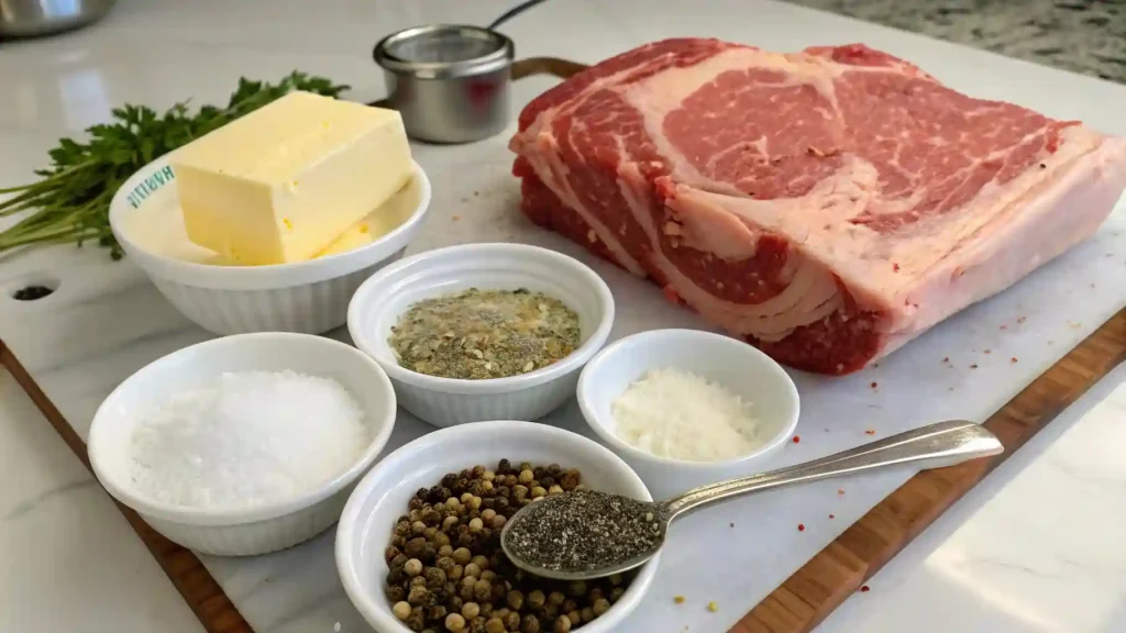 Ingredients arranged for Chef John’s Perfect Prime Rib, including butter, herbs, and a 4-pound bone-in roast.