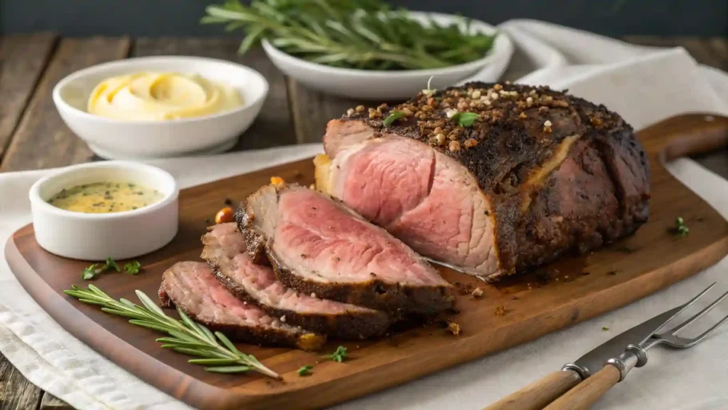 Sliced prime rib served with mashed potatoes and greens.