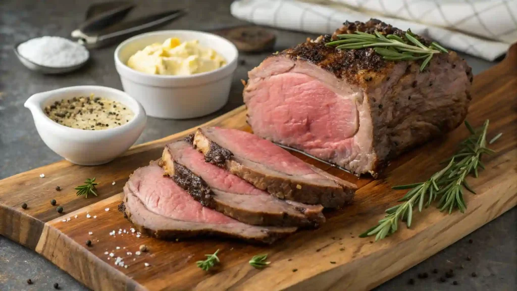  Close-up of the seared crust and tender, pink interior of prime rib.