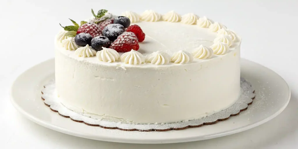 Simple white cake decorated with whipped cream and fresh berries on a white plate in a professional kitchen setting