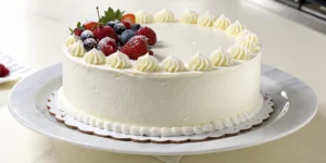 Simple White Cake with whipped cream and fresh berries on a white background