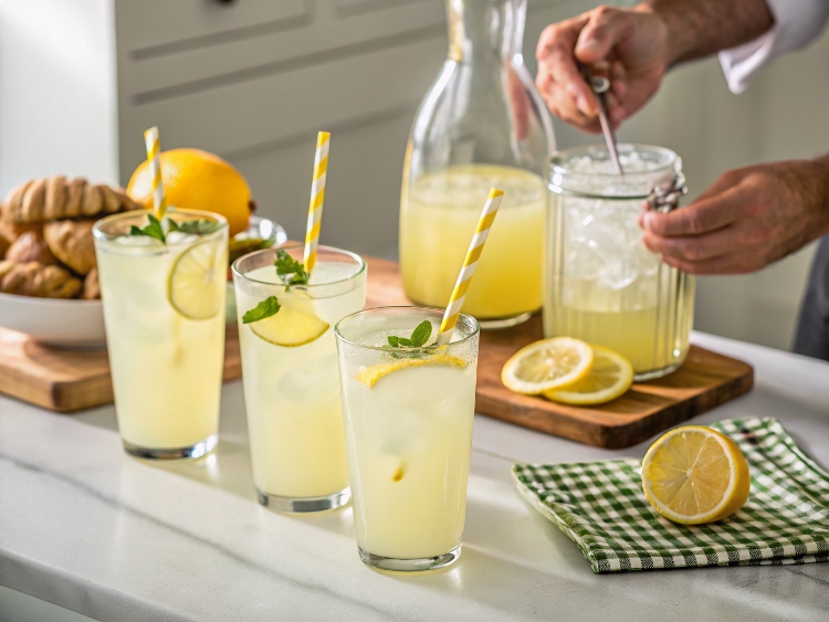 Whole lemon lemonade served in glasses and a pitcher on a wooden board.