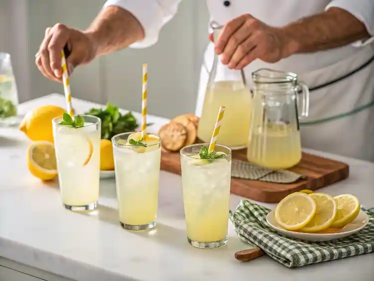 Whole lemon lemonade served in glasses and a pitcher on a wooden board.