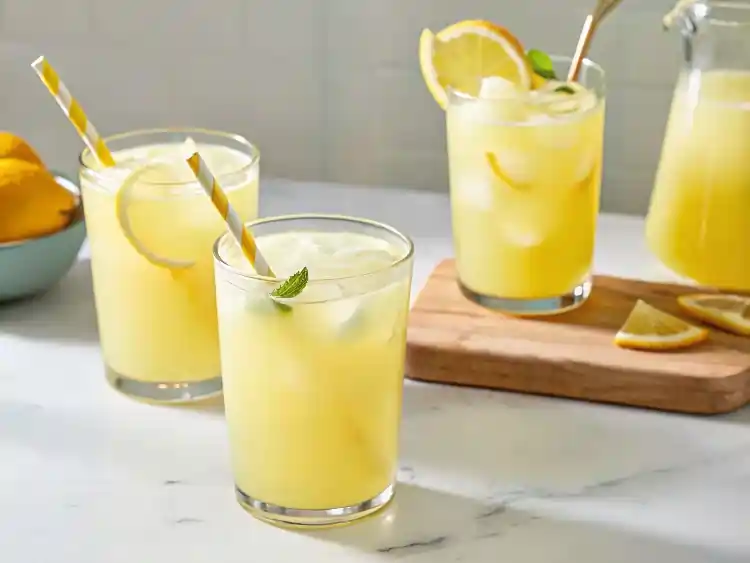 Glasses of whole lemon lemonade served with ice, lemon slices, and striped straws.