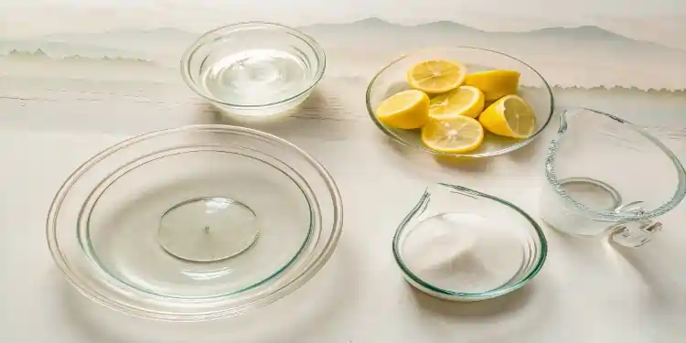 Glass bowls containing sliced lemons, sugar, and water prepared for making Whole Lemon Lemonade.