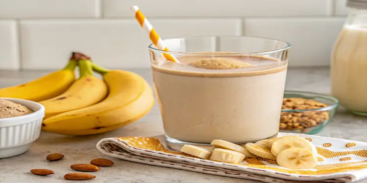 Creamy peanut butter banana smoothie in a glass with sliced bananas and a yellow-striped straw.