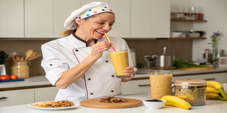 Smiling chef enjoying a peanut butter banana smoothie in a modern kitchen.