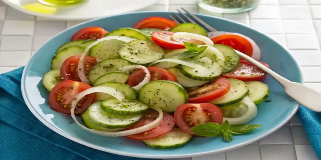 Overhead shot of the completed cucumber tomato salad in a clear glass bowl, showcasing the colorful vegetables and glossy marinade