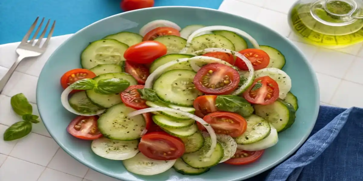 This refreshing cucumber tomato salad made with sliced cucumber, juicy tomatoes, and onion tossed in a sweet and tangy vinaigrette is easy to prepare, has tons of flavor, and is perfect for a warm summer day.