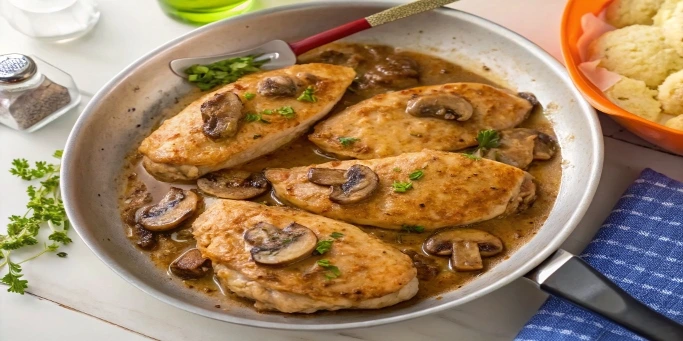 Cooked Chicken Marsala with mushrooms in skillet