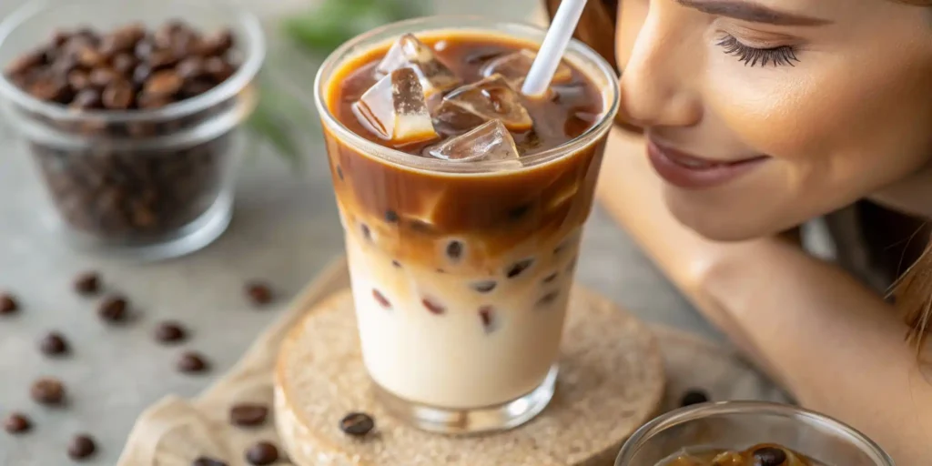 Iced coffee with cream swirls and ice cubes in glass with coffee beans and brewing equipment