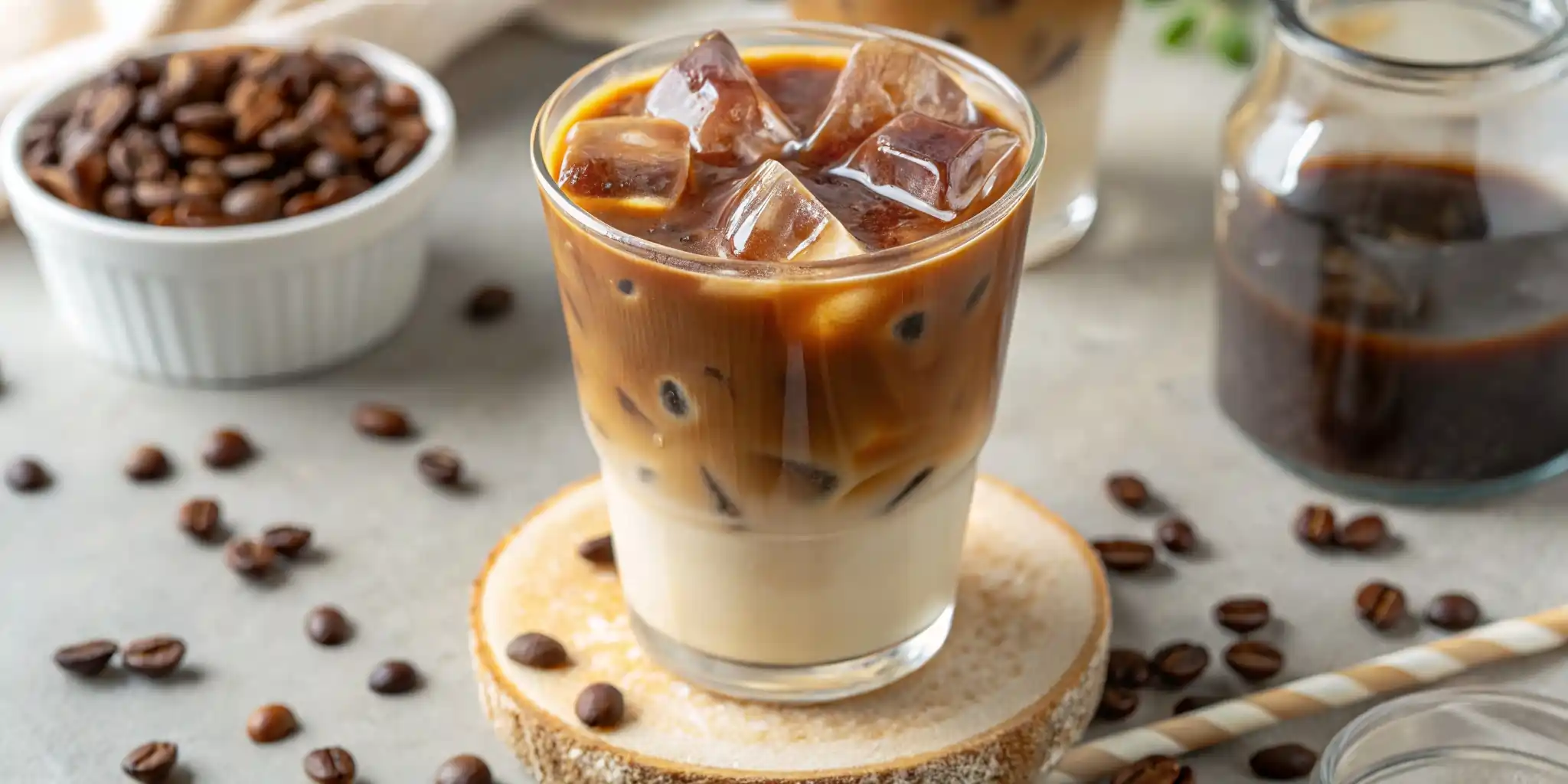 Glass of layered iced coffee with milk and ice cubes surrounded by coffee beans on white surface