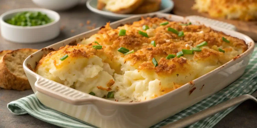 This funeral potatoes recipe is easy to make for a creamy, cheesy potato side dish. You can add anything you like to jazz this casserole up. You can use potato chips, tortilla chips, or even cornflakes for the topping. I like to use sour cream and onion potato chips.