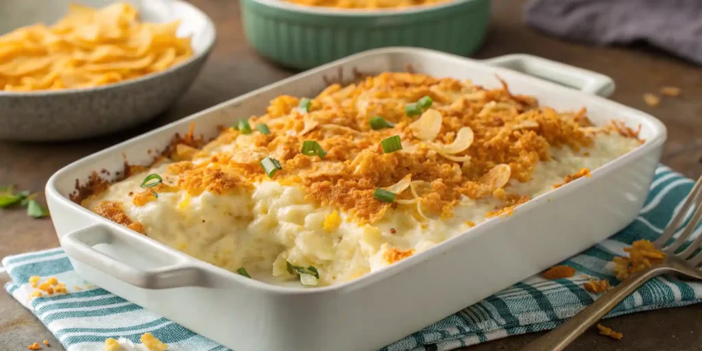 This funeral potatoes recipe is easy to make for a creamy, cheesy potato side dish. You can add anything you like to jazz this casserole up. You can use potato chips, tortilla chips, or even cornflakes for the topping. I like to use sour cream and onion potato chips.