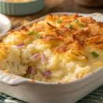 This funeral potatoes recipe is easy to make for a creamy, cheesy potato side dish. You can add anything you like to jazz this casserole up. You can use potato chips, tortilla chips, or even cornflakes for the topping. I like to use sour cream and onion potato chips.