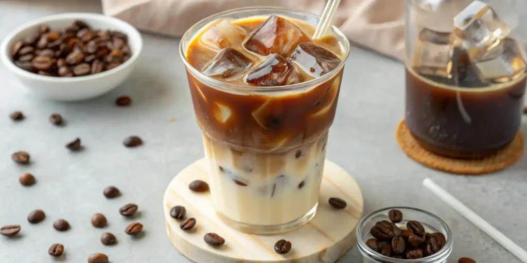  Close-up view of iced coffee with marbled cream patterns and ice cubes in clear glass