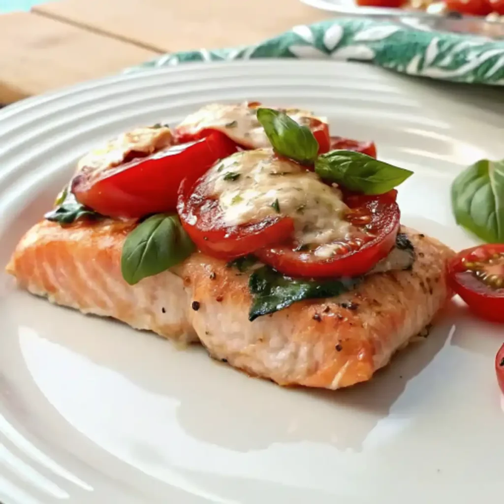Baked salmon fillet garnished with melted cheese, cherry tomato slices, and fresh basil on a white plate.