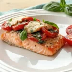 This quick tomato basil salmon dish is perfect for a weeknight dinner. Serve with a side of sautéed spinach and a glass of Pinot Noir.