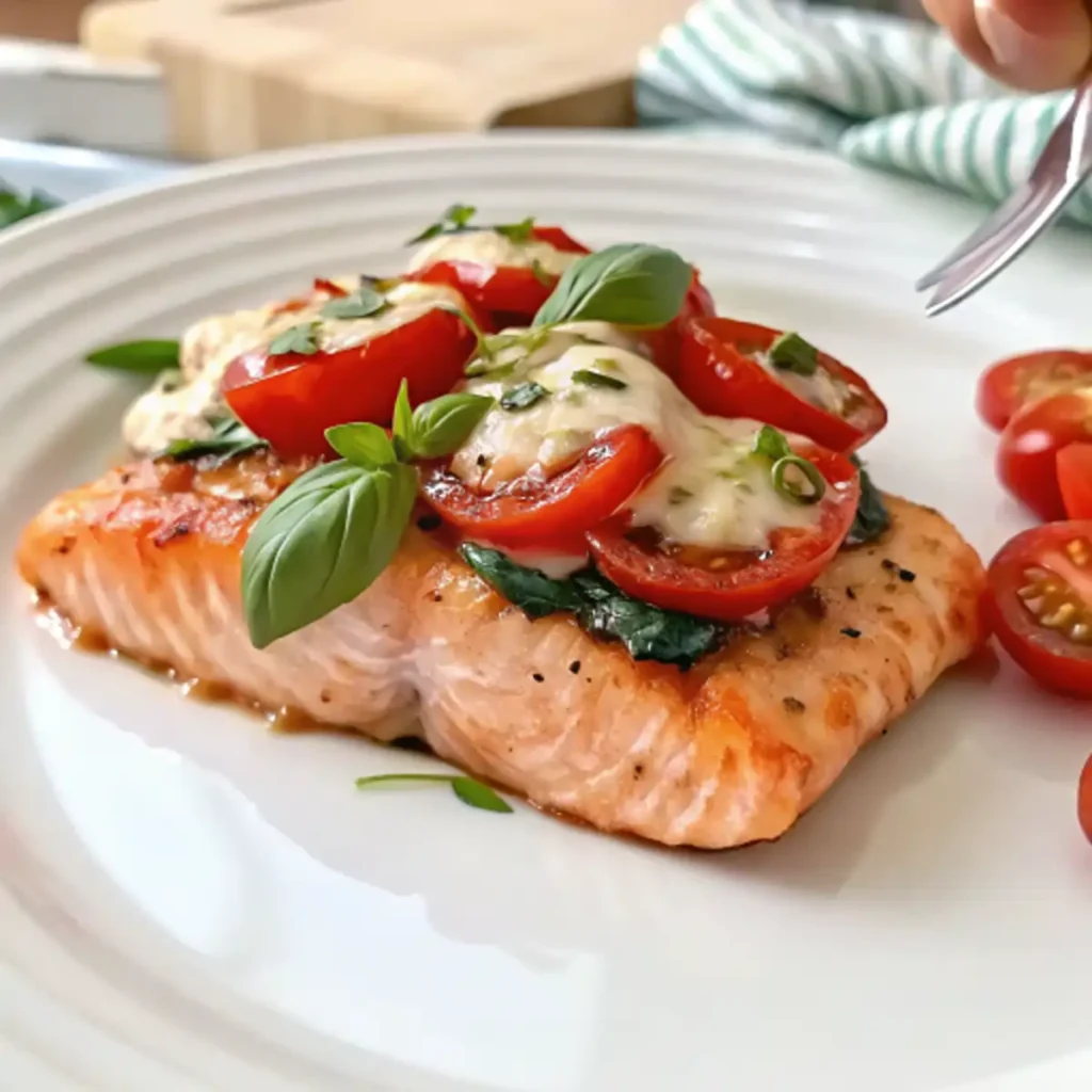 Juicy salmon fillet topped with melted cheese, cherry tomatoes, and fresh basil on a white plate.