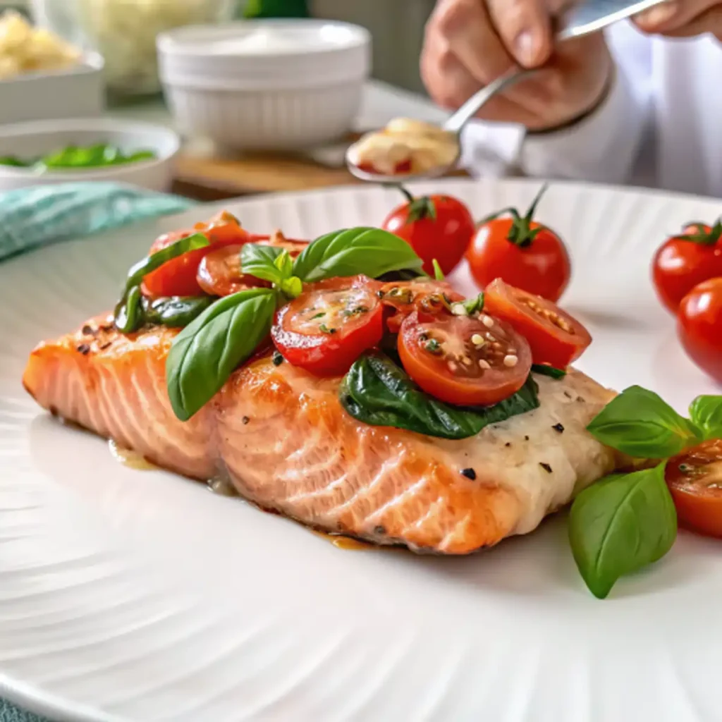 Healthy salmon fillet topped with roasted cherry tomatoes, melted mozzarella, and fresh basil leaves.