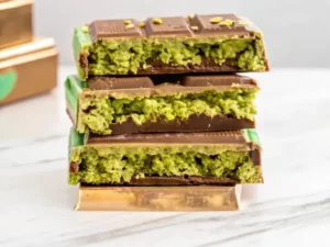 Freshly cut Dubai Chocolate Bars topped with pistachios.