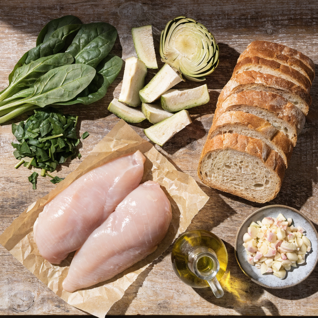 4-Ingredient Spinach Artichoke Chicken Texas Toast step 1 - A beautifully organized flatlaymise en p