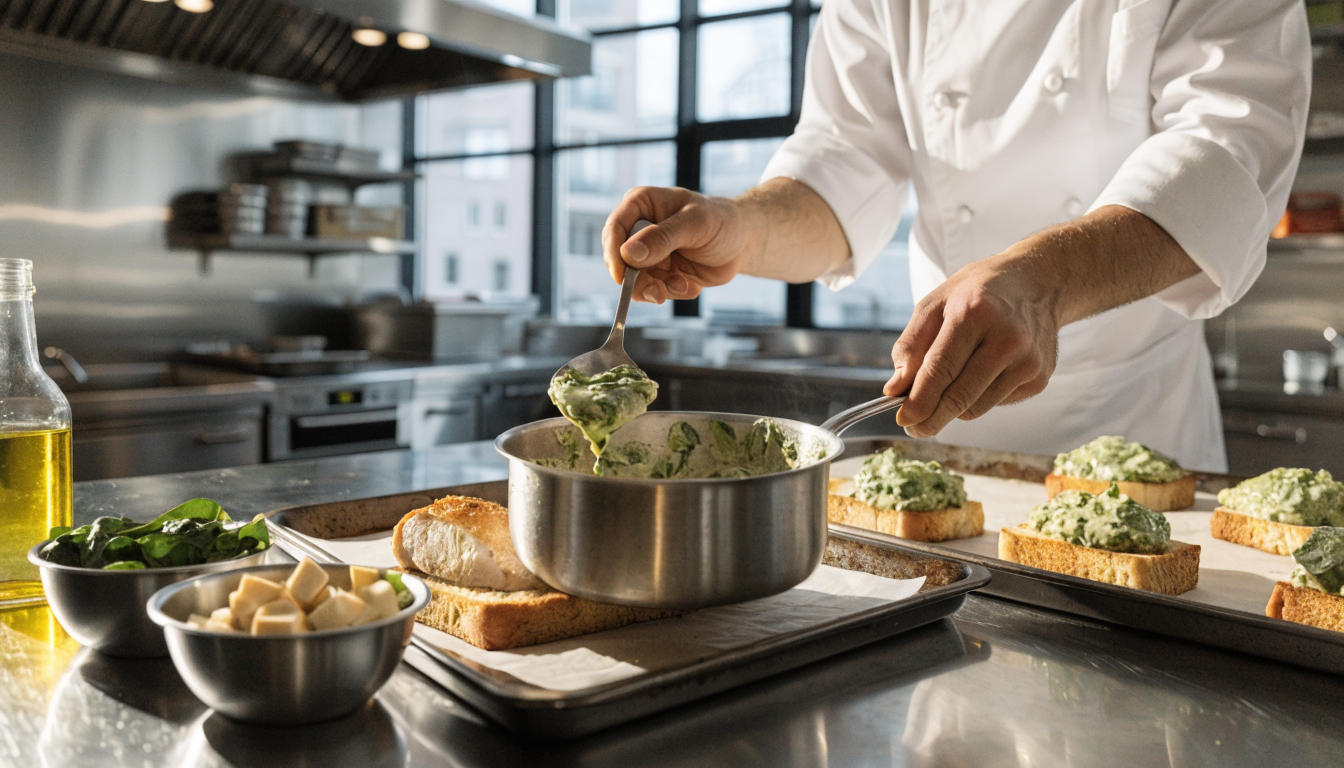 4-Ingredient Spinach Artichoke Chicken Texas Toast step 2 - A photorealistic wide shot of a professi