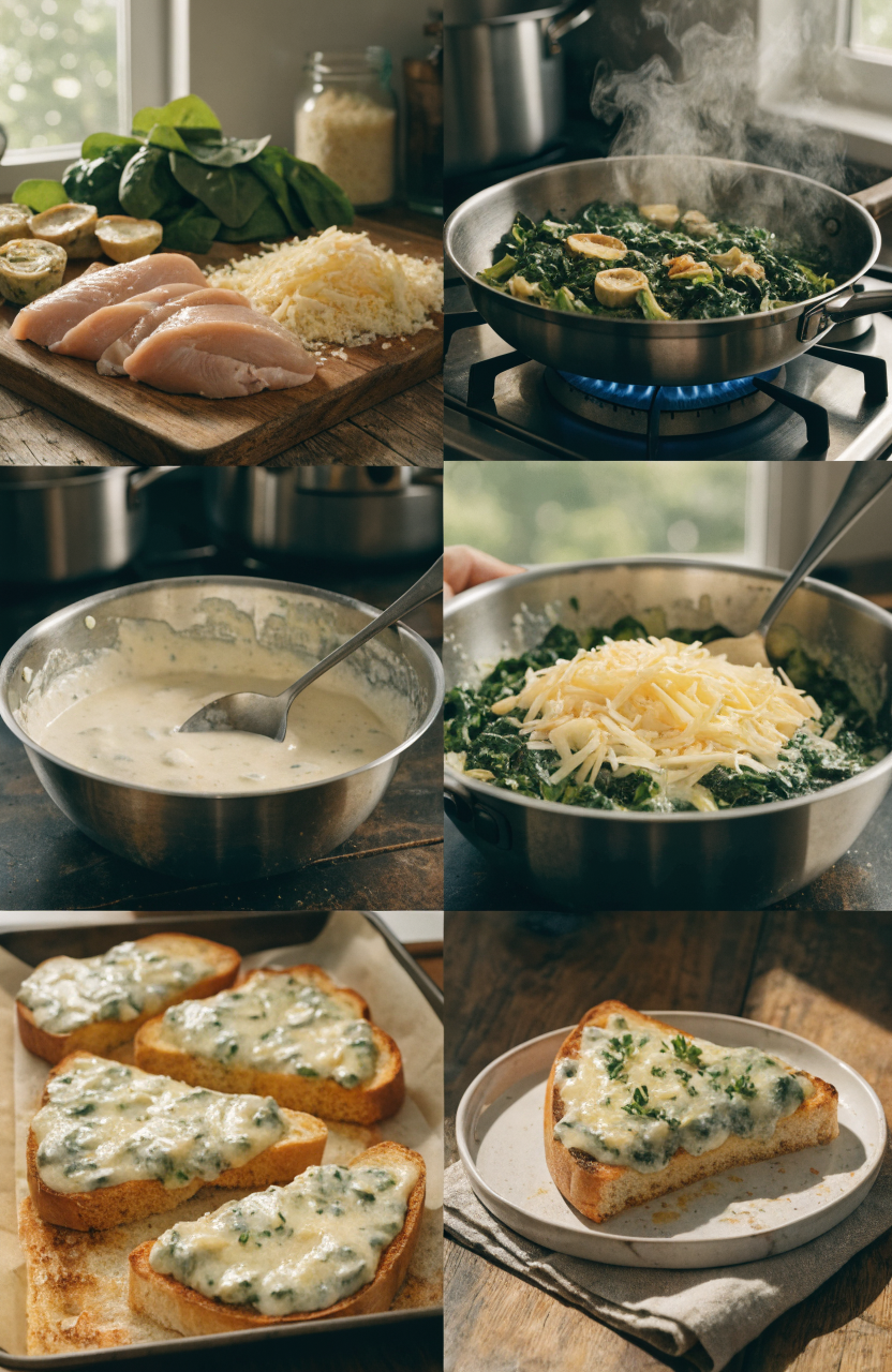 4-Ingredient Spinach Artichoke Chicken Texas Toast step 3 - A photography collage split into multipl