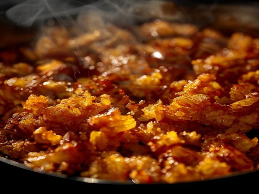 Can I make paella without a paella pan? steps - A macro detailed close-up shot showing the crispy golden-bro