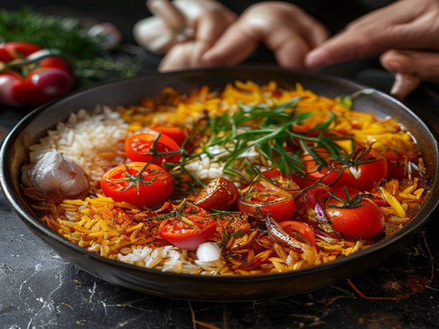 Can I make paella without a paella pan? steps - An eye-level culinary shot showcasing an array of paella ing