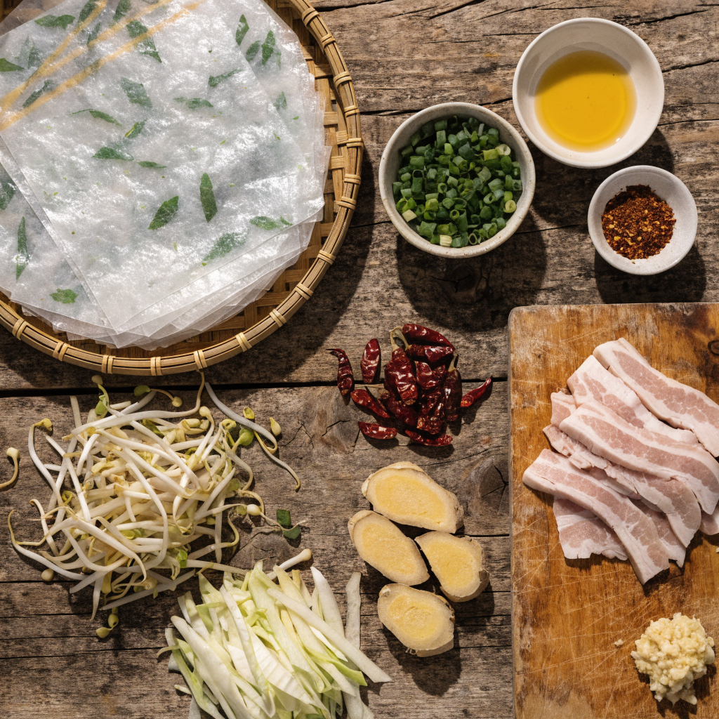crispy rice paper dumplings step 1 - A beautifully organized flatlay (mise en