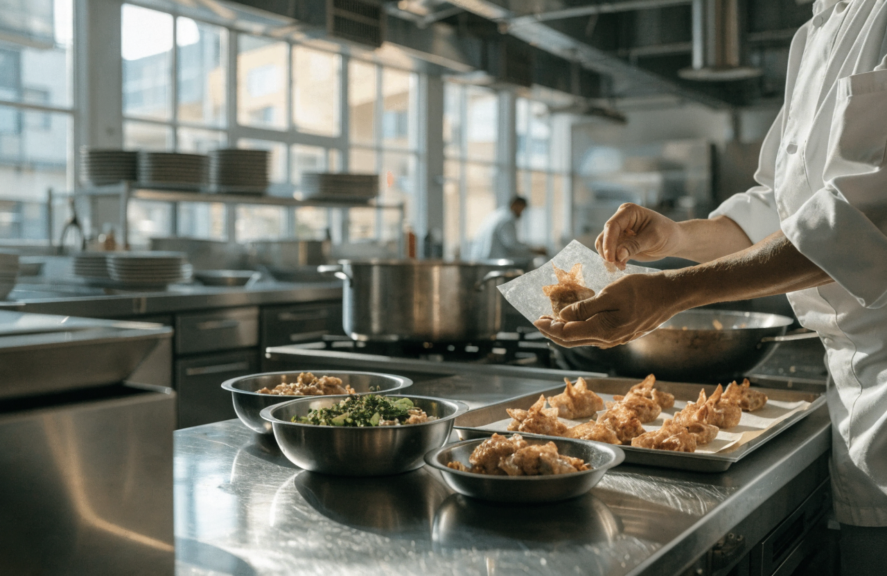 crispy rice paper dumplings step 2 - A photorealistic wide shot of a professi