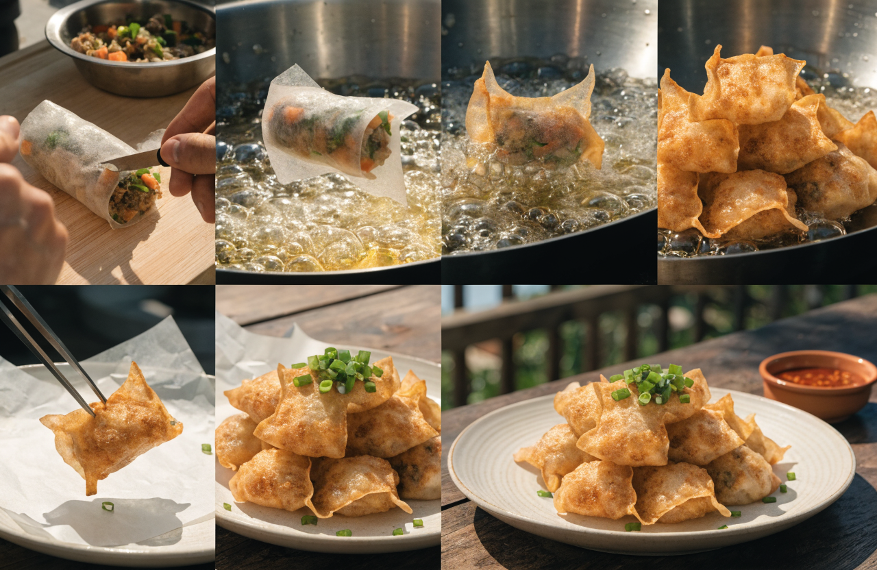 crispy rice paper dumplings step 3 - A photography collage split into multipl