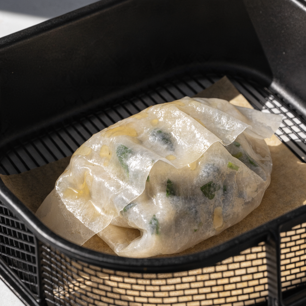 Can you cook rice paper dumplings in an air fryer? step 1 - Close up photorealistic photo showing a