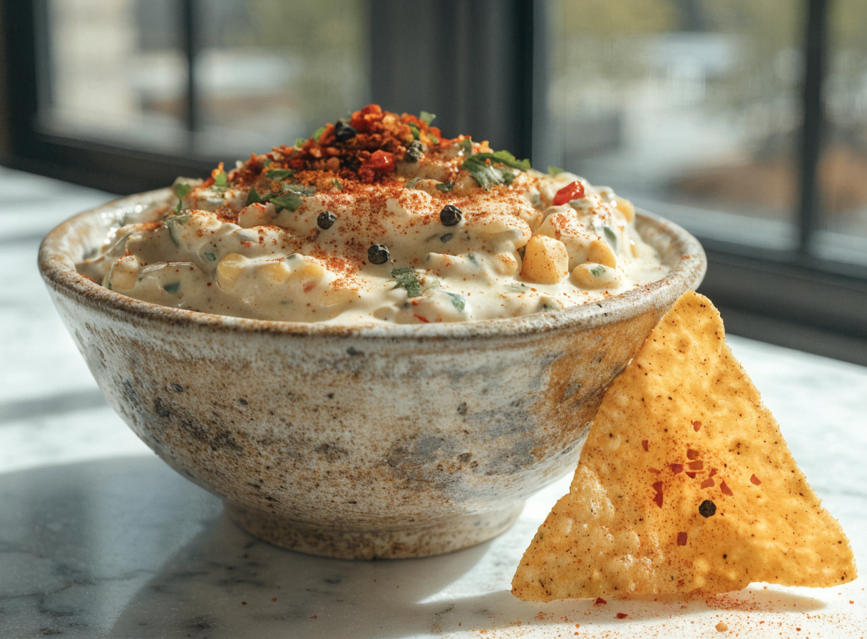 Can you use canned corn for elote dip? step 2 - A detailed photo of a bowl of creamy elo