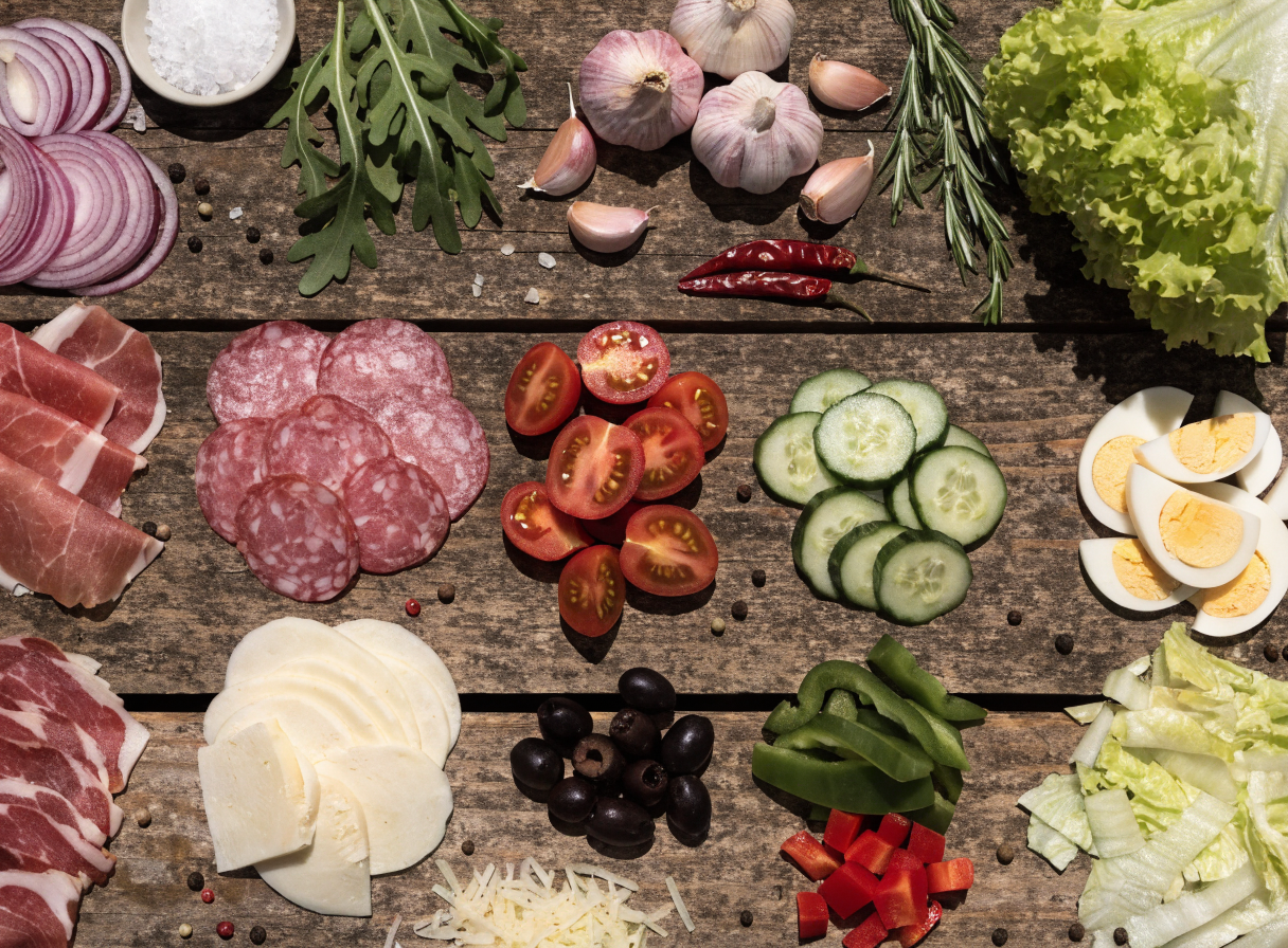 chopped italian grinder salad bowl step 1 - A beautifully organized flatlay (mise en