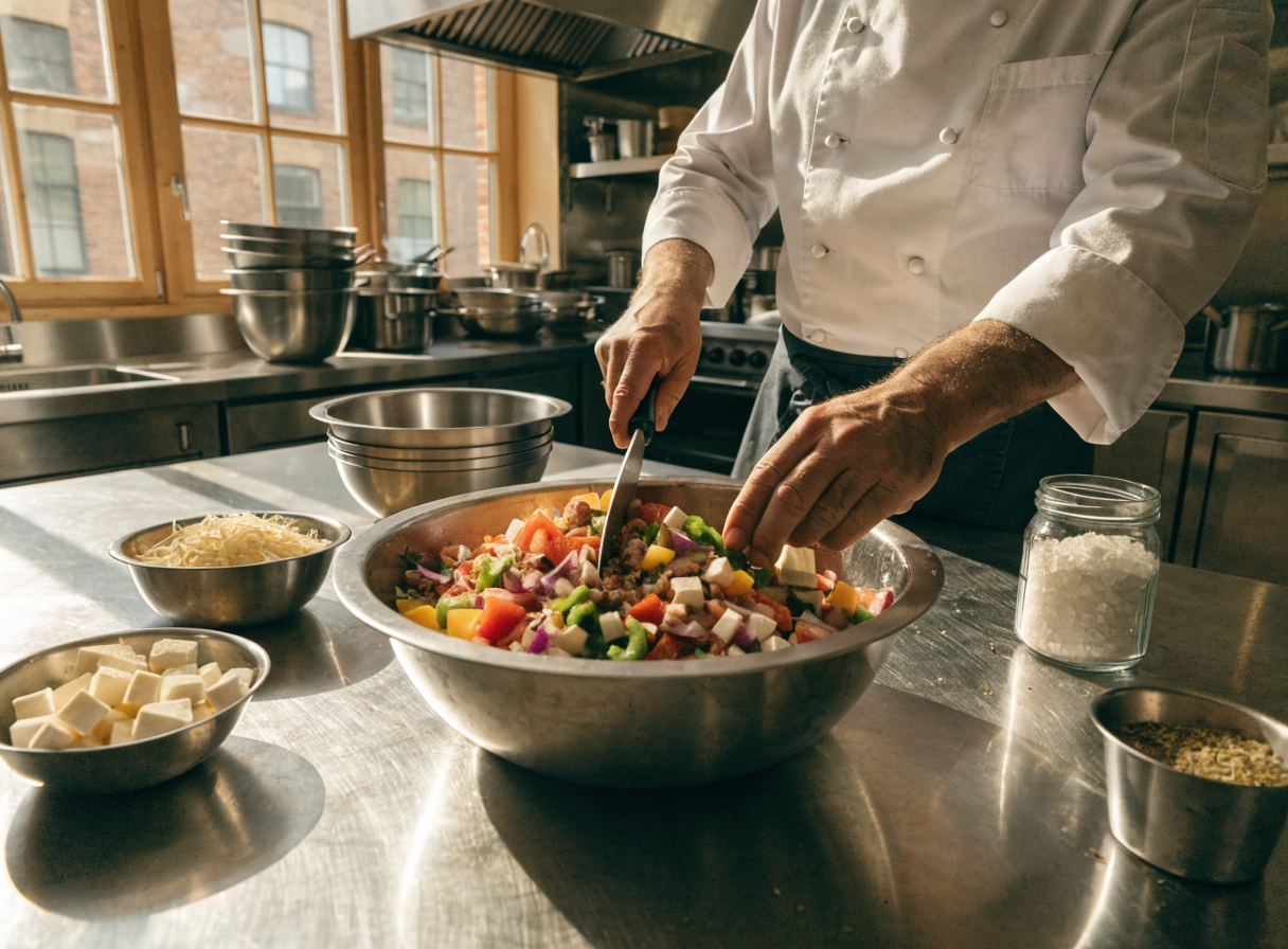 chopped italian grinder salad bowl step 2 - A photorealistic wide shot of a professi