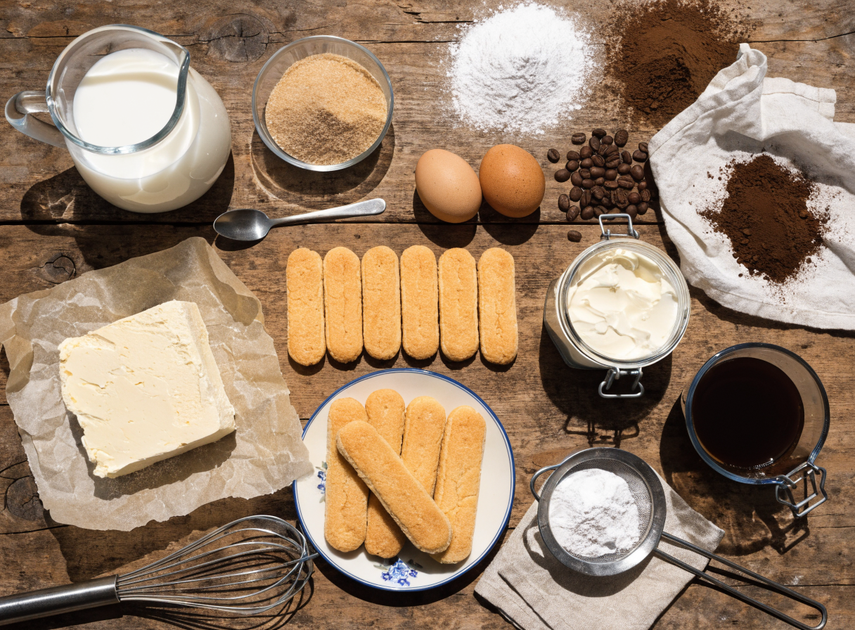 Classic Tiramisu Recipe step 1 - A beautifully organized flatlay (mise en