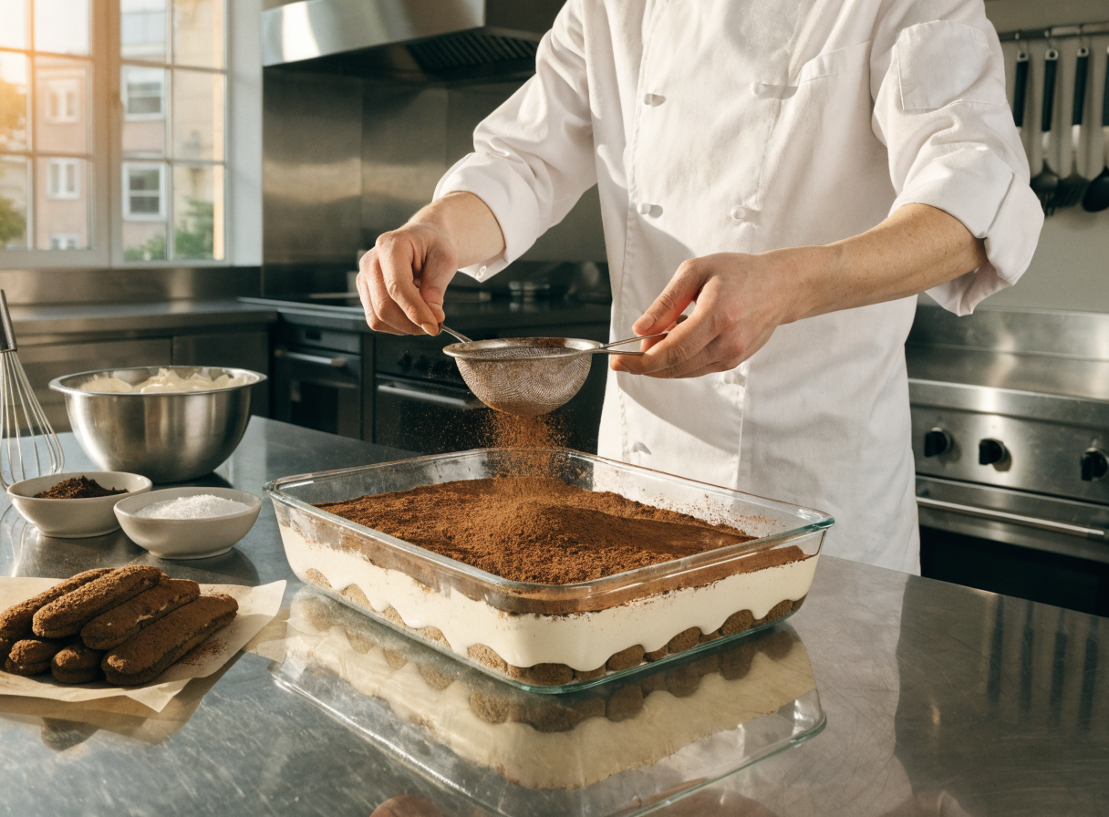 Classic Tiramisu Recipe step 2 - A photorealistic wide shot of a professi
