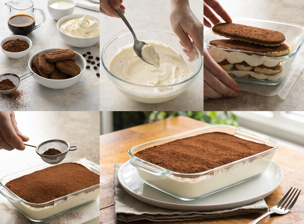 Classic Tiramisu Recipe step 3 - A photography collage split into multipl