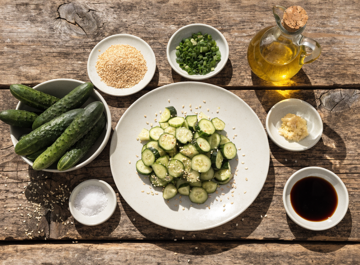 crispy smashed cucumber sesame salad step 1 - A beautifully organized flatlay (mise en