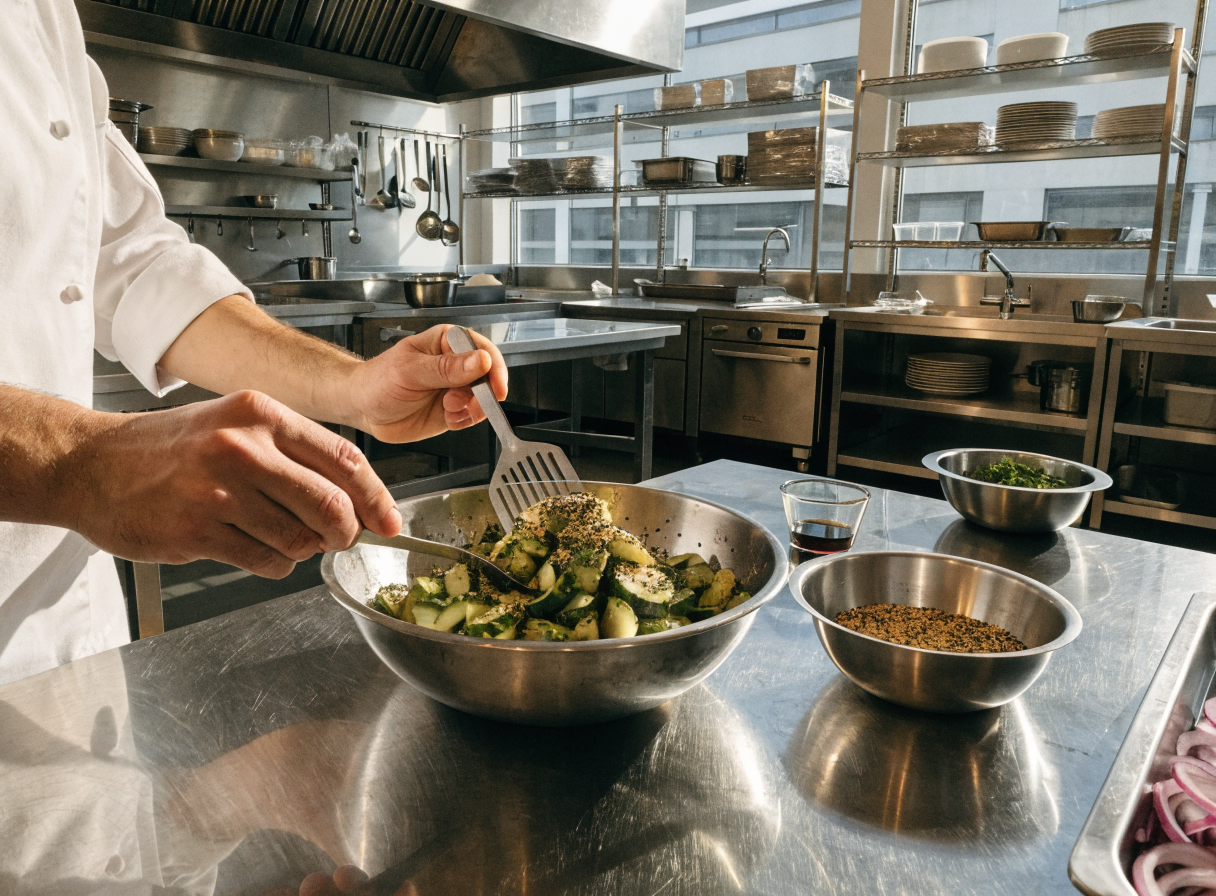 crispy smashed cucumber sesame salad step 2 - A photorealistic wide shot of a professi