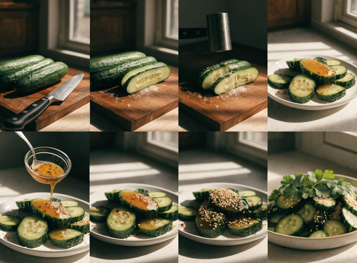 crispy smashed cucumber sesame salad step 3 - A photography collage split into multipl