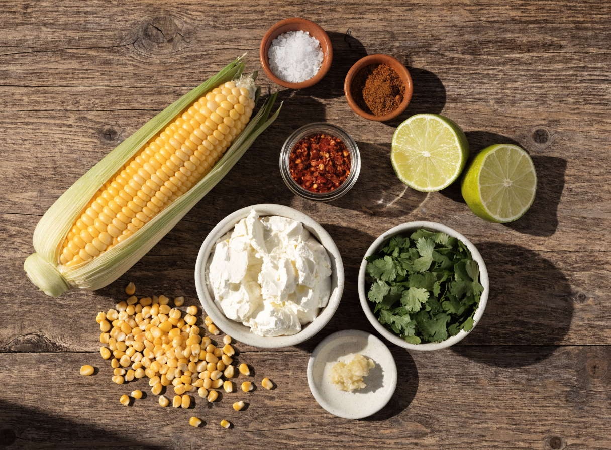 easy elote corn dip with cream cheese step 1 - A beautifully organized flatlay (mise en