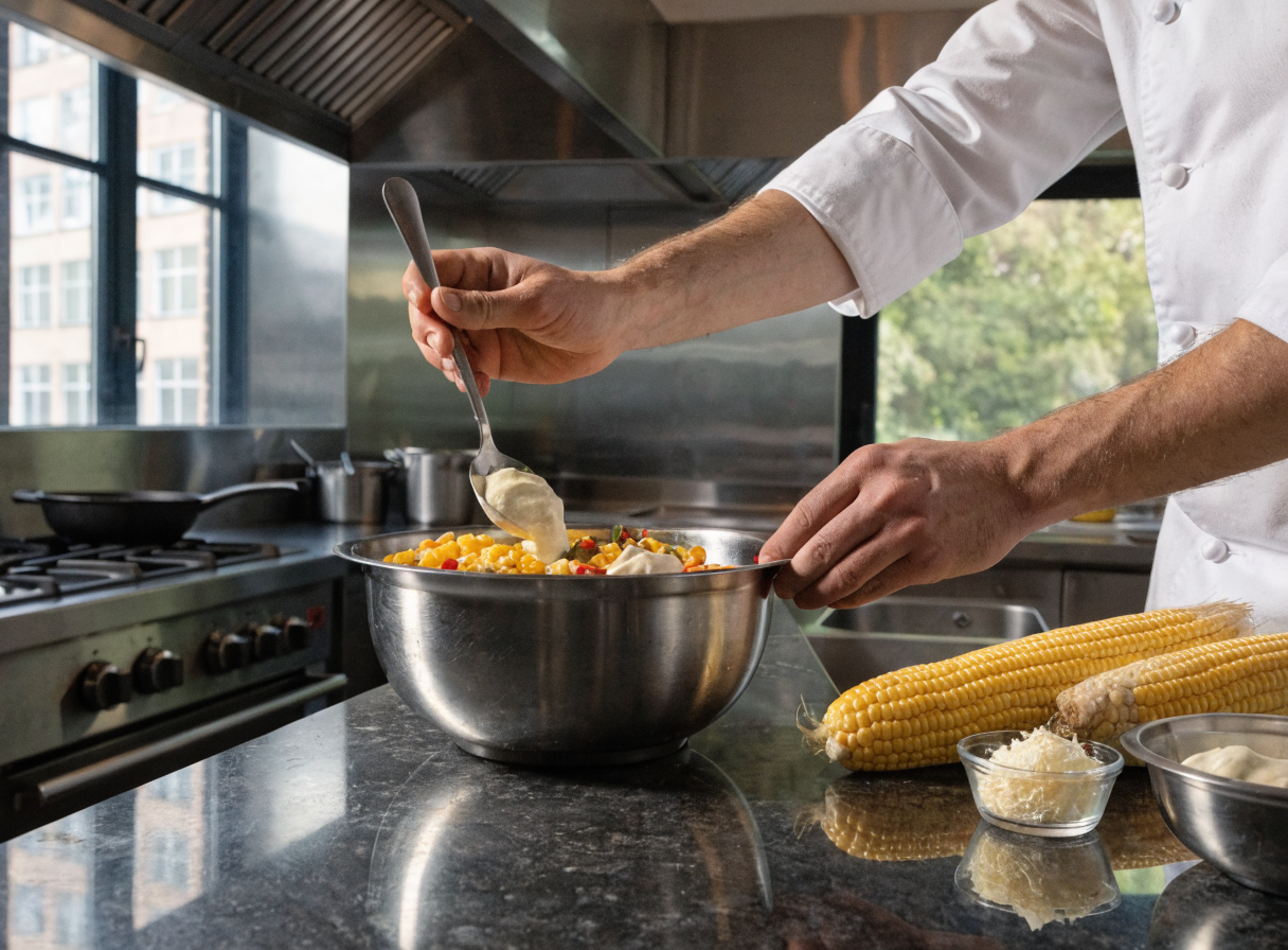 easy elote corn dip with cream cheese step 2 - A photorealistic wide shot of a professi