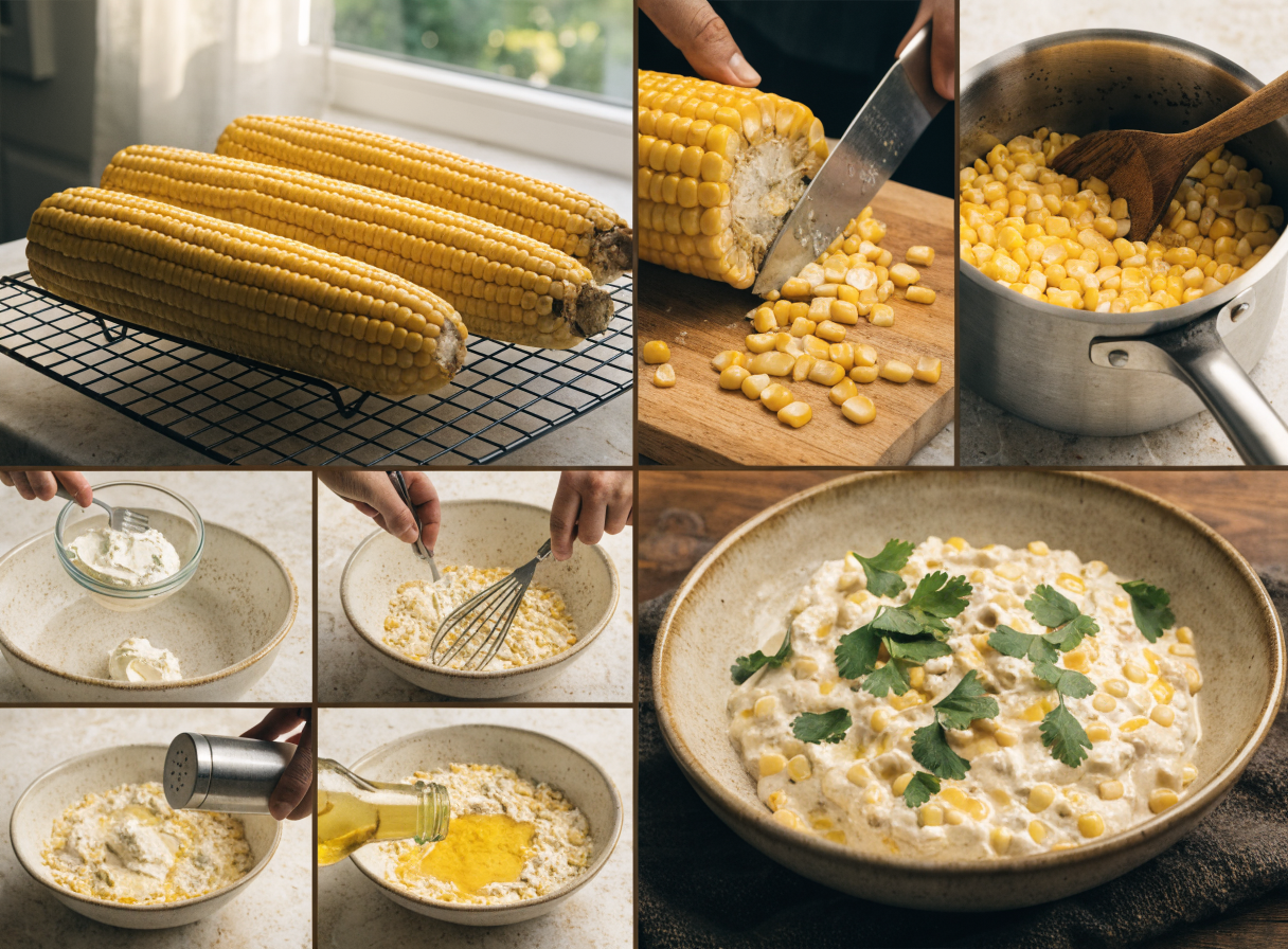 easy elote corn dip with cream cheese step 3 - A photography collage split into multipl