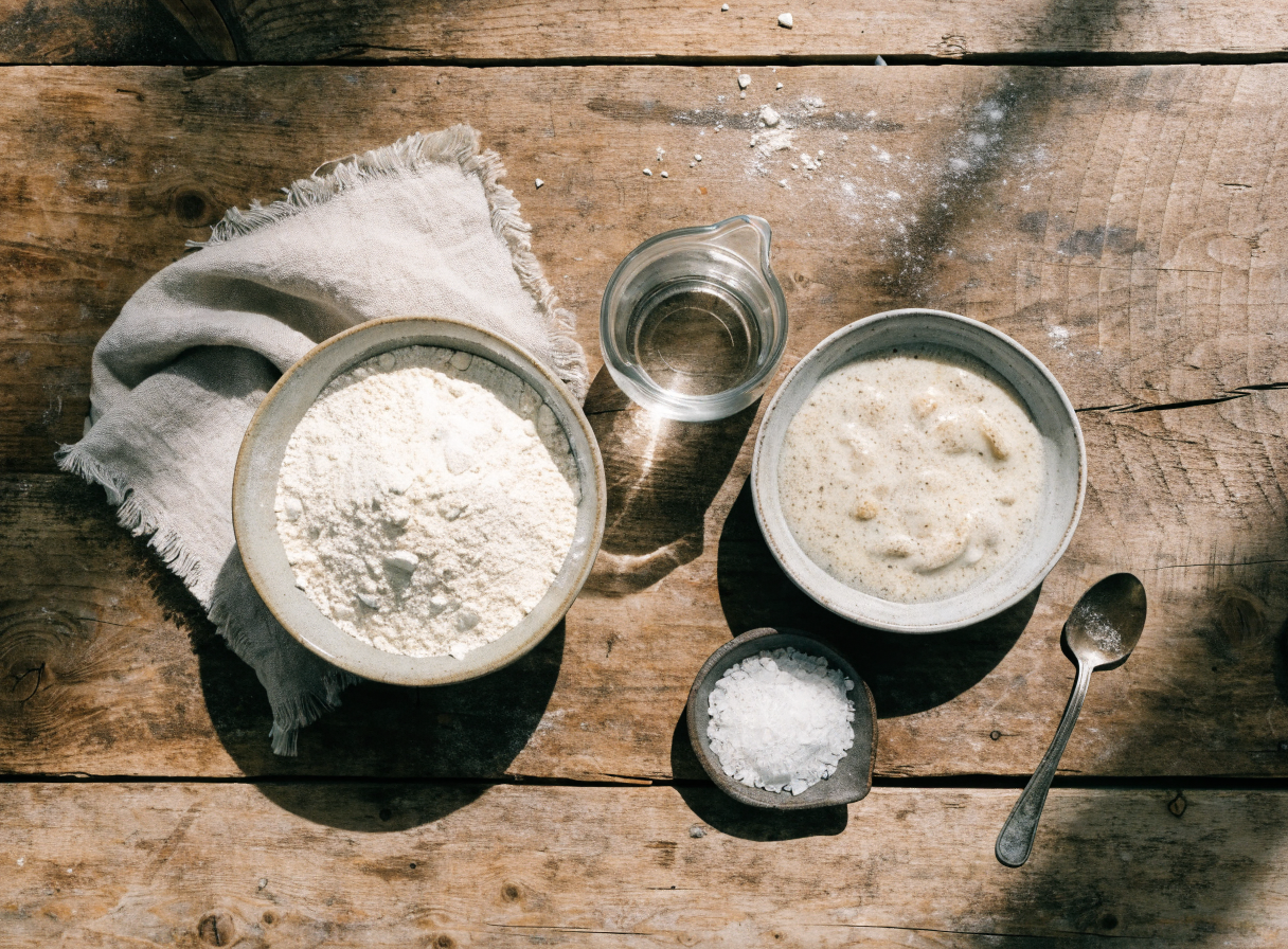 Easy Homemade Sourdough Bread step 1 - A beautifully organized flatlay mise en